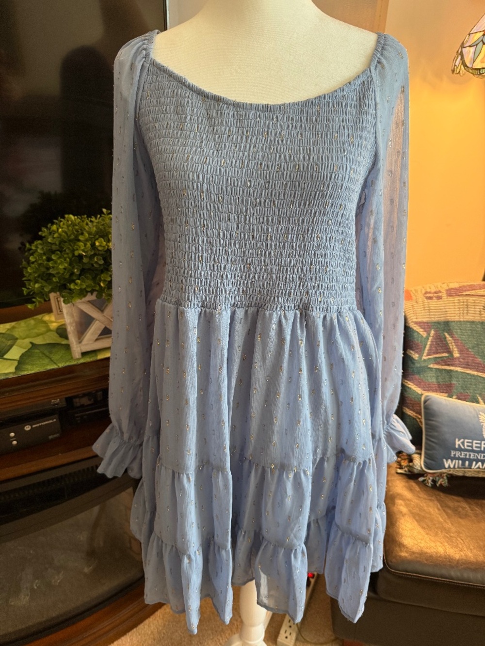 Altar'd State Oisin Blue Smocked Tiered Boho Mini Dress Metallic Dots L